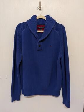Tommy Hilfiger Shawl Collar Button Sweater In Blue, Size L